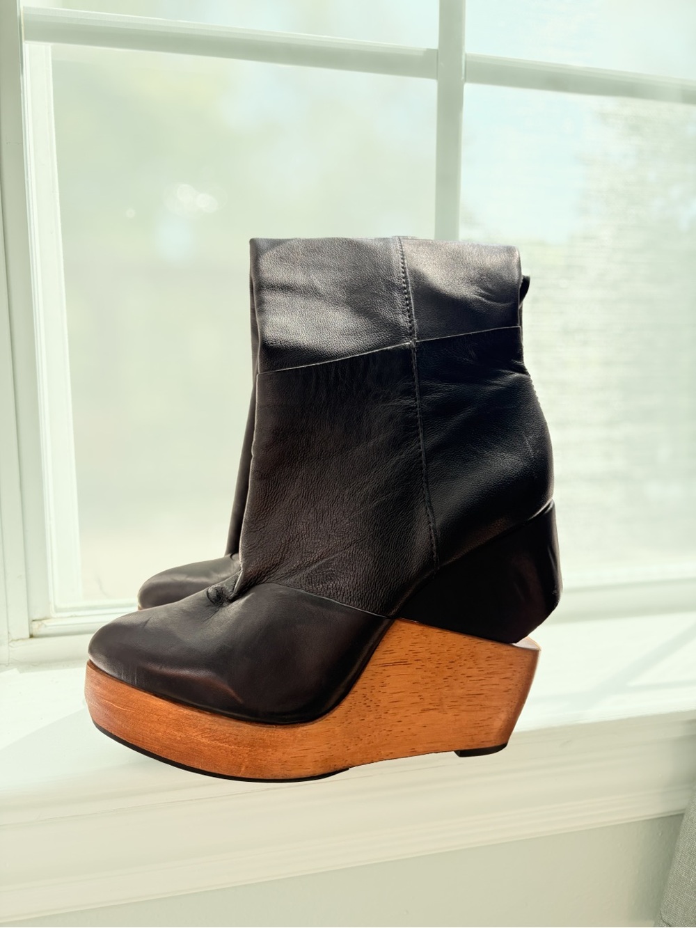 "All Saints" Black Leather Unique Wedge Knee-High Boots with Wood Platform